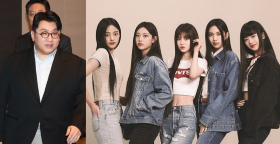 Bang Si-hyuk, chairman of HYBE at left, and girl group NewJeans [NEWS1, LEVI'S]