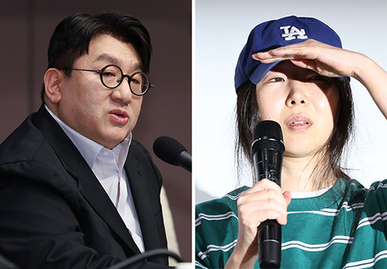 HYBE founder Bang Si-hyuk, left, and ADOR CEO Min Hee-jin [YONHAP]