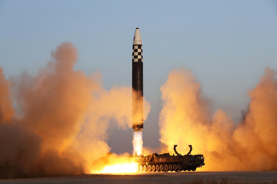 The Hwasong-17 intercontinental ballistic missile (ICBM) is seen during a launch on May 17, 2023. [NEWS1] 