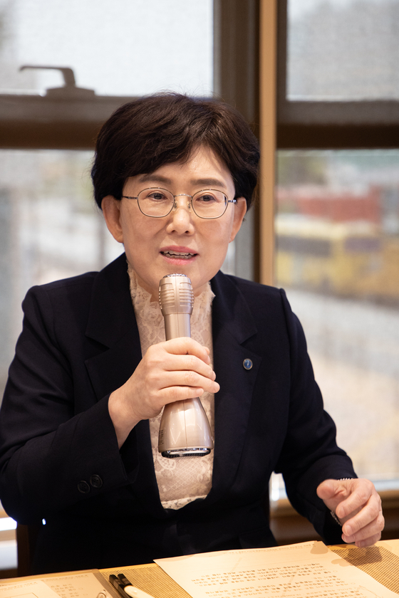 Choi Yeon-hye, the head of the state-run Korea Gas Corporation, speaks during a meeting with reporters held in Sejong on May 22, 2024, in this photo released by the company. [YONHAP]