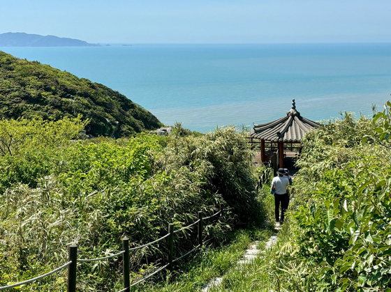 The trail leading to a pavilion amid marshland at Jangdo Island [LEE JIAN]