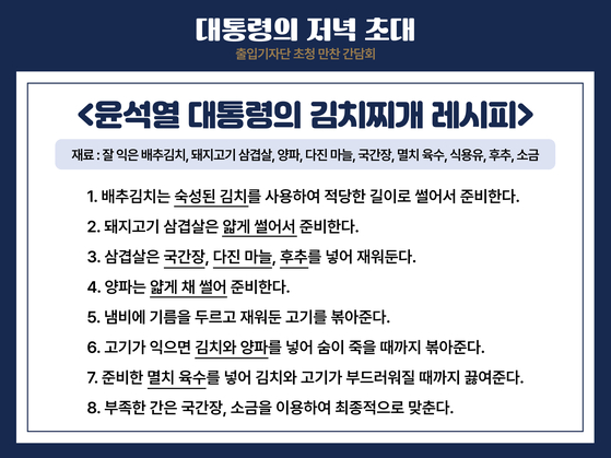 President Yoon Suk Yeol’s kimchi stew recipe revealed by the presidential office during a dinner with the press corps on Friday. [PRESIDENTIAL OFFICE]
