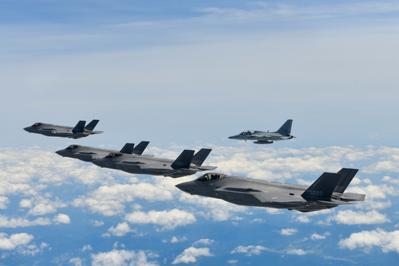 F-35A stealth fighters and a F-50 light fighter from the South Korean Air Force conduct a drill south of a no-fly zone near the inter-Korean border on Monday, hours after the North informed Japan that it plans to launch a satellite into orbit sometime before June 4. [JOINT CHIEFS OF STAFF]