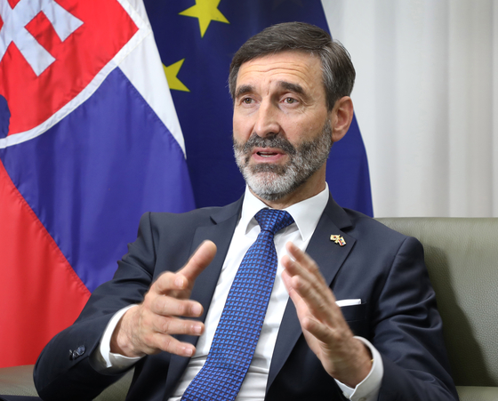 Juraj Blanar, Minister of Foreign Affairs of Slovakia, speaks during an interview with the Korea JoongAng Daily at the Slovakian Embassy in Yongsan District, central Seoul, on May 13. [PARK SANG-MOON]