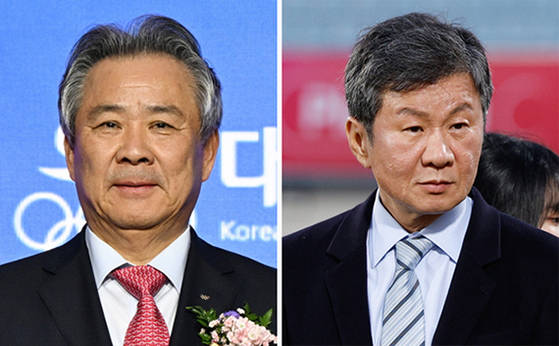 Korean Sports & Olympic Committee Head Lee Gi-heung, left, and Korea Football Association Chairman Chung Mong-gyu [YONHAP] 