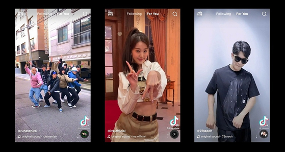 Images of popular challenges carried out on social media platform TikTok. From left: the "Earth Defense Force″ challenge, girl group IVE's ″Love Dive″ (2022) challenge and the ″Jiggle Jiggle″ dance challenge. [TIKTOK]