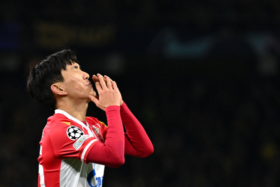 Red Star Belgrade's Hwang In-beom reacts during a UEFA Champions League Group B match against Young Boys at the Wankdorf Stadium in Bern, on Nov. 28, 2023. [AFP/YONHAP]