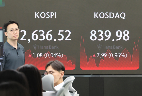A screen in Hana Bank's trading room in central Seoul shows the Kospi closing at 2,636.52 points on Friday, up 0.04 percent, or 1.08 points, from the previous trading session. [YONHAP]