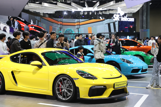 Porsche cars are displayed at the Seoul Mobility Show 2023 at Kintex, Gyeonggi. [YONHAP] 