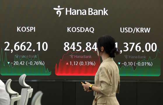 A screen in Hana Bank's trading room in central Seoul shows stock markets closing on Tuesday. [YONHAP]