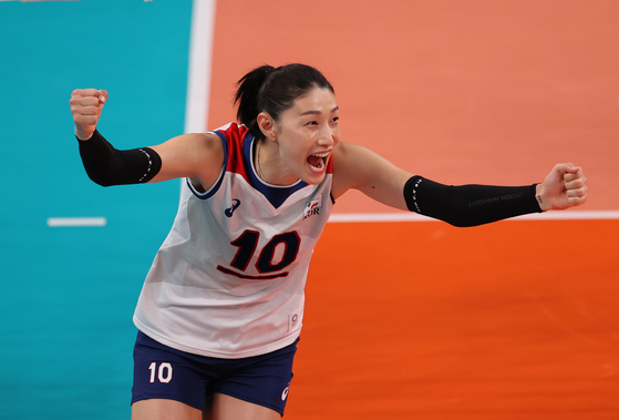 Korea's Kim Yeon-koung celebrates during a bronze medal game of the Tokyo Olympics against Serbia at the Ariake Arena in Tokyo, Japan on Aug. 8, 2021. [JOINT PRESS CORPS] 