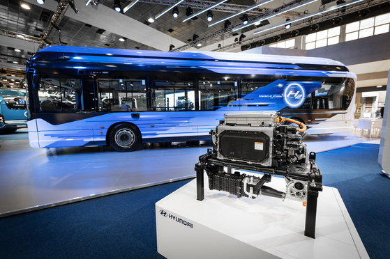 The hydrogen-powered bus, the E-WAY H2, developed by Hyundai Motor and Iveco Group on display at the Busworld 2023 expo in Brussels last October. [HYUNDAI MOTOR]