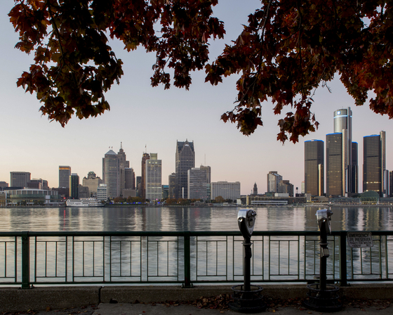 The skyline of Detroit, along on the Detroit River, as seen from Windsor, Ontario, Canada, Nov. 6, 2016. Prosecutors said that William Smith, the financial chief of the Detroit Riverfront Conservancy, a nonprofit intended to beautify the city’s once-industrial waterfront, used the group’s funds for personal purchases from Louis Vuitton and a diamond dealer. [Kevin Miyazaki/The New York Times] 