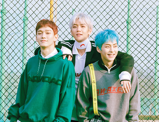 Members of boy band EXO's subgroup EXO-CBX, from left: Chen, Baekhyun and Xiumin [SM ENTERTAINMENT]