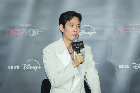 ″Squid Game″ (2021) actor Lee Jung-jae speaks during a press conference for Disney+ original series ″The Acolyte″ last Wednesday in Yongsan District, central Seoul. [WALT DISNEY COMPANY KOREA]