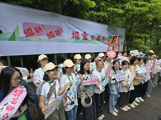 Dozens of young adults hold placards welcoming and cheering Fu Bao at Wolong Shenshuping Panda Base in Sichuan, China on Tuesday. [LEE DO-SUNG]