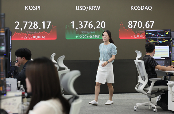 A screen in Hana Bank's trading room in central Seoul shows the Kospi closing at 2,728.17 points on Wednesday, up 0.84 percent, or 22.85 points, from the previous trading session. [YONHAP]