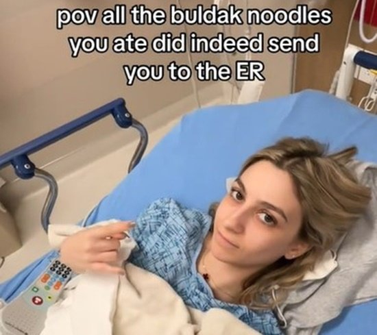 A post by TikTok influencer Lucy Mourad of herself in a hospital gown with text saying that consuming spicy Buldak ramyeon sent her to the emergency room [SCREEN CAPTURE]