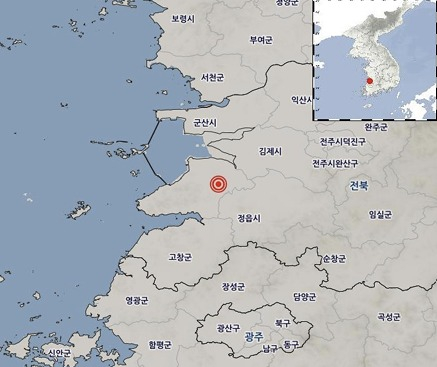 The epicenter of a 4.8-magnitude earthquake four kilometers outside Buan, North Jeolla, is shown on this map provided by the Korea Meteorological Administration. [NEWS1]