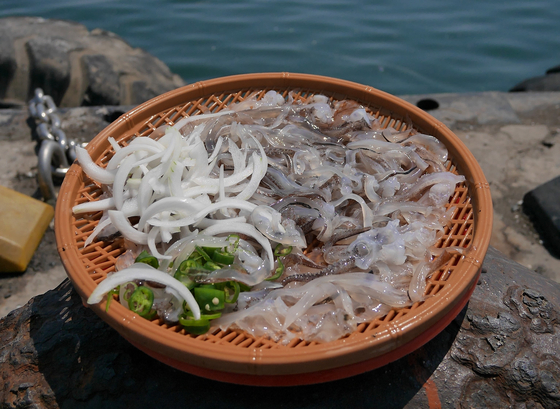 Raw squid hoe at pocha (outdoor food tent) street in front of the Dongmyeong Port in Sokcho, Gangwon [JOONGANG ILBO]