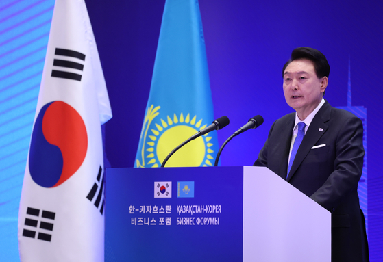 President Yoon Suk Yeol speaks during a Korea-Kazakhstan business forum in Astana, Kazakhstan, Wednesday. [JOINT PRESS CORPS]