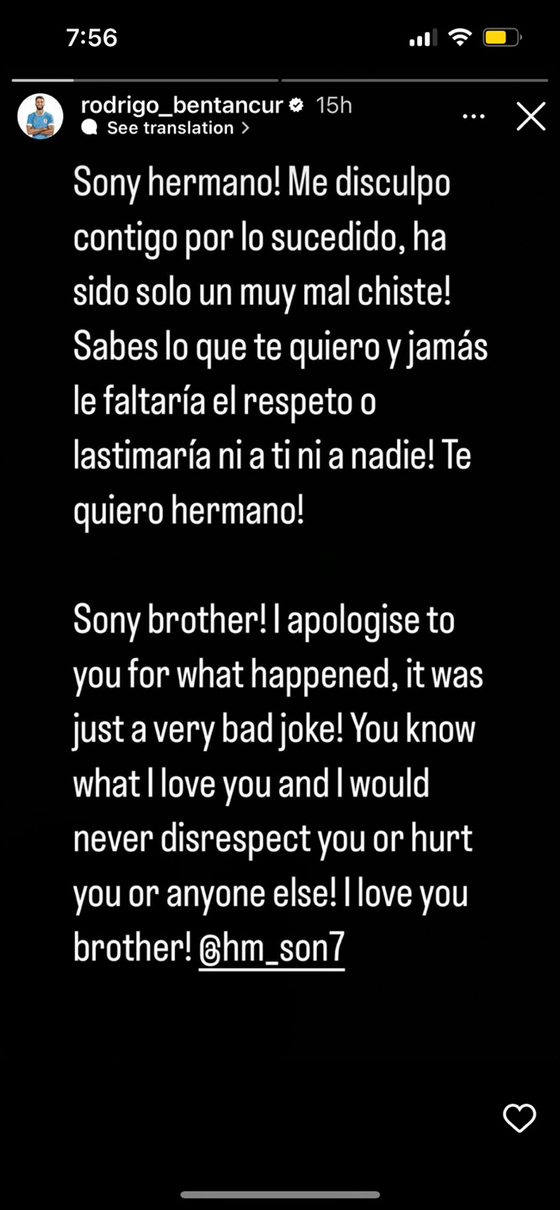 An apology posted on Rodrigo Bentancur's Instagram account  [SCREEN CAPTURE]