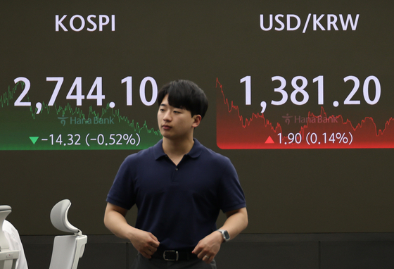 A screen in Hana Bank's trading room in central Seoul shows the Kospi closing at 2,744.10 points on Monday, down 0.52 percent, or 14.32 points, from the previous trading session. [YONHAP]