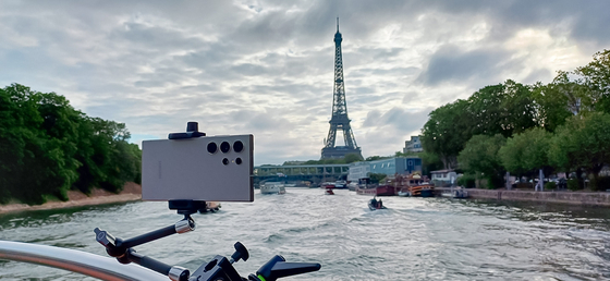 Pictured is a Samsung Galaxy S24 Ultra attached to a boat on the Seine river in Paris, where the 2024 Summer Olympics is set to start with an opening ceremony on July 26. [SAMSUNG ELECTRONICS]