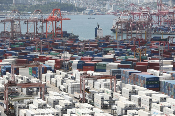 Containers are stacked high at the Sinseondae Terminal of Busan Port. [NEWS1]
