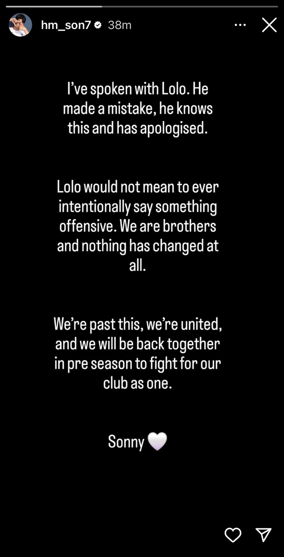 A statement posted on Son Heung-min's Instagram account [SCREEN CAPTURE] 