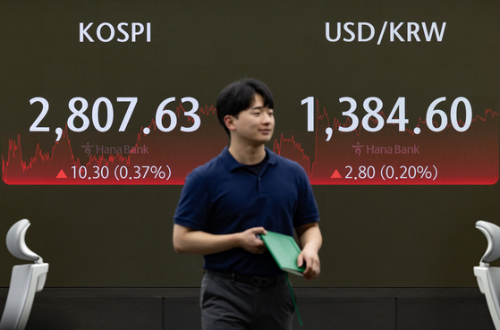 A screen in Hana Bank's trading room in central Seoul shows the Kospi closing at 2,797.33 points on Thursday, up 1.21 percent, or 33.41 points, from the previous trading session. [NEWS1]