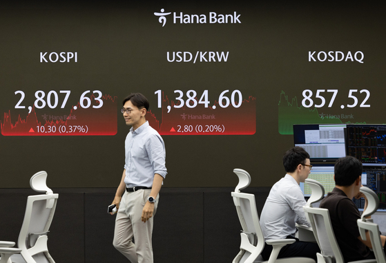 A screen in Hana Bank's trading room in central Seoul shows the Kospi closing at 2,807.63 points on Thursday, up 0.37 percent, or 10.30 points, from the previous trading session. [NEWS1]
