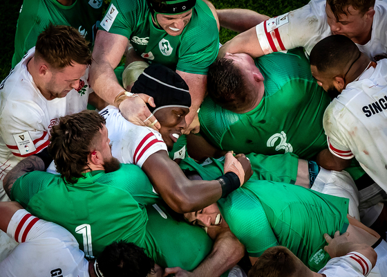 England’s Maro Itoje surrounded by Irish players in a maul during the Six Nations at Aviva Stadium in Dublin. This image, by photographer Morgan Treacy, won the Rugby category at the 2024 World Sports Photography Awards.  [MORGAN TREACY]