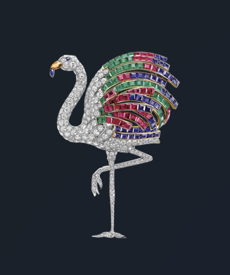 A 1940 Cartier flamingo brooch made from platinum, yellow gold, ruby, emerald, saphire, citrine and diamond [CARTIER]