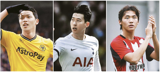 From left: Hwang Hee-chan, Son Heung-min and Kim Ji-soo. [SCREEN CAPTURE; AFP; REUTERS/YONHAP]