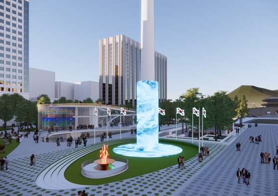 The national flagpole and a brazier called "inextinguishable flame" to be constructed at Gwanghwamun Square in central Seoul by 2026 in a rendered image provided by the city government on Tuesday. The lower part of the flagpole features a 15-meter-high media facade. [SEOUL METROPOLITAN GOVERNMENT]