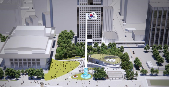 The 100-meter-high national flagpole to be constructed at Gwanghwamun Square in central Seoul by 2026 in a rendered image provided by the city government on Tuesday. [SEOUL METROPOLITAN GOVERNMENT]