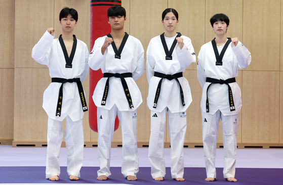 From left: Park Tae-joon, Seo Geon-woo, Kim Yu-jin and Lee Da-bin pose for a photo during a media day at Jincheon National Training Center in Jincheon, North Chungcheong on Tuesday. [NEWS1] 