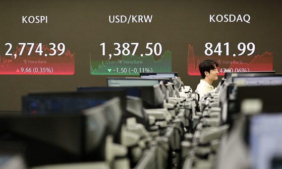 A screen in Hana Bank's trading room in central Seoul shows the Kospi closing at 2,774.39 points on Tuesday, up 0.35 percent, or 9.66 points, from the previous trading session. [YONHAP]