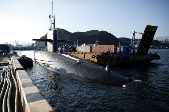 The USS Kentucky, a U.S. nuclear-armed submarine, is anchored at the Busan Naval Base in Busan on July 19, 2023. [AP/YONHAP]
