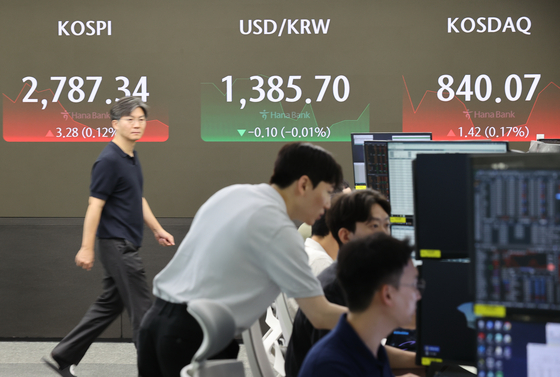 A screen in Hana Bank's trading room in central Seoul shows the Kospi opening on Friday. [YONHAP]