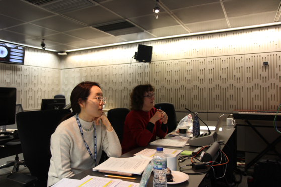 Kwon, left, producing her work in the BBC Radio Drama studio in London with Gemma Jenkins [MEDIA REVOLUTION]