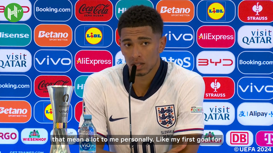 English midfielder Jude Bellingham speaks after his side's 2-1 win over Slovakia in the round of 16 match at Euro 2024. [ONE FOOTBALL]