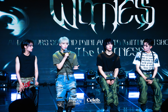 Boy band All(H)ours answers reporters’ questions during a press showcase Tuesday at the Ilchi Art Hall in Gangnam District, southern Seoul. [DANIELA GONZALEZ PEREZ]