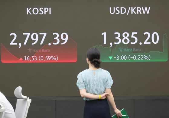 A screen in Hana Bank's trading room in central shows the Kospi opening on Wednesday. [YONHAP]