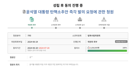 A screen captured image shows that 1,018,503 signatories participated in a petition to impeach President Yoon Suk Yeol on Wednesday. [SCREEN CAPTURE]