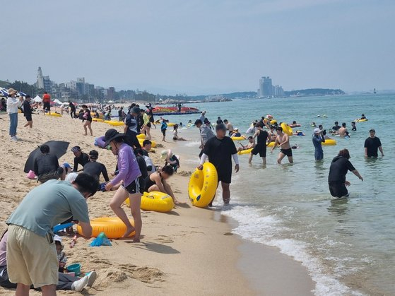 Families play in the water at Gyeongpo Beach in Gangneung, Gangwon, on June 27. [YONHAP]