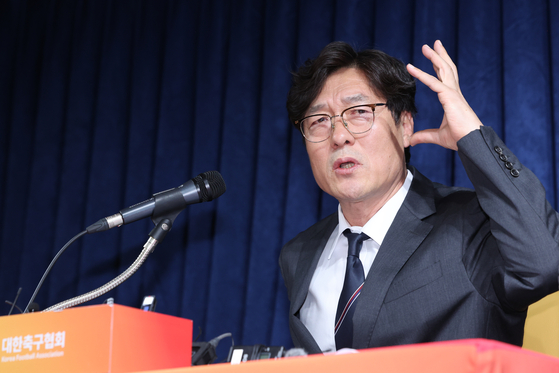 KFA Techincal Director Lee Lim-saeng speaks during a press conference at KFA House in central Seoul on Monday. [YONHAP]