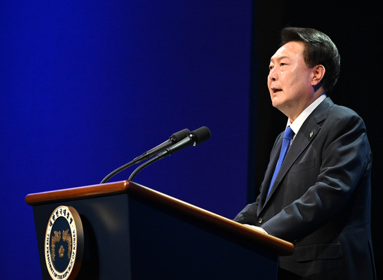 Korean President Yoon Suk Yeol speaks during a ceremony in Daegu to mark the 74th anniversary of the outbreak of the 1950-53 Korean War on June 25. [JOINT PRESS CORPS]