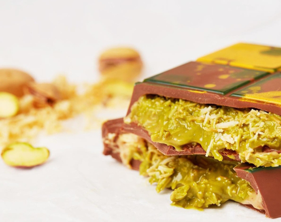 The Dubai-based Fix Dessert Chocolatier's “Can’t Get Khanafed Of It” chocolate bar is filled with pistachio cream and knafeh [FIX DESSERT CHOCOLATIER]